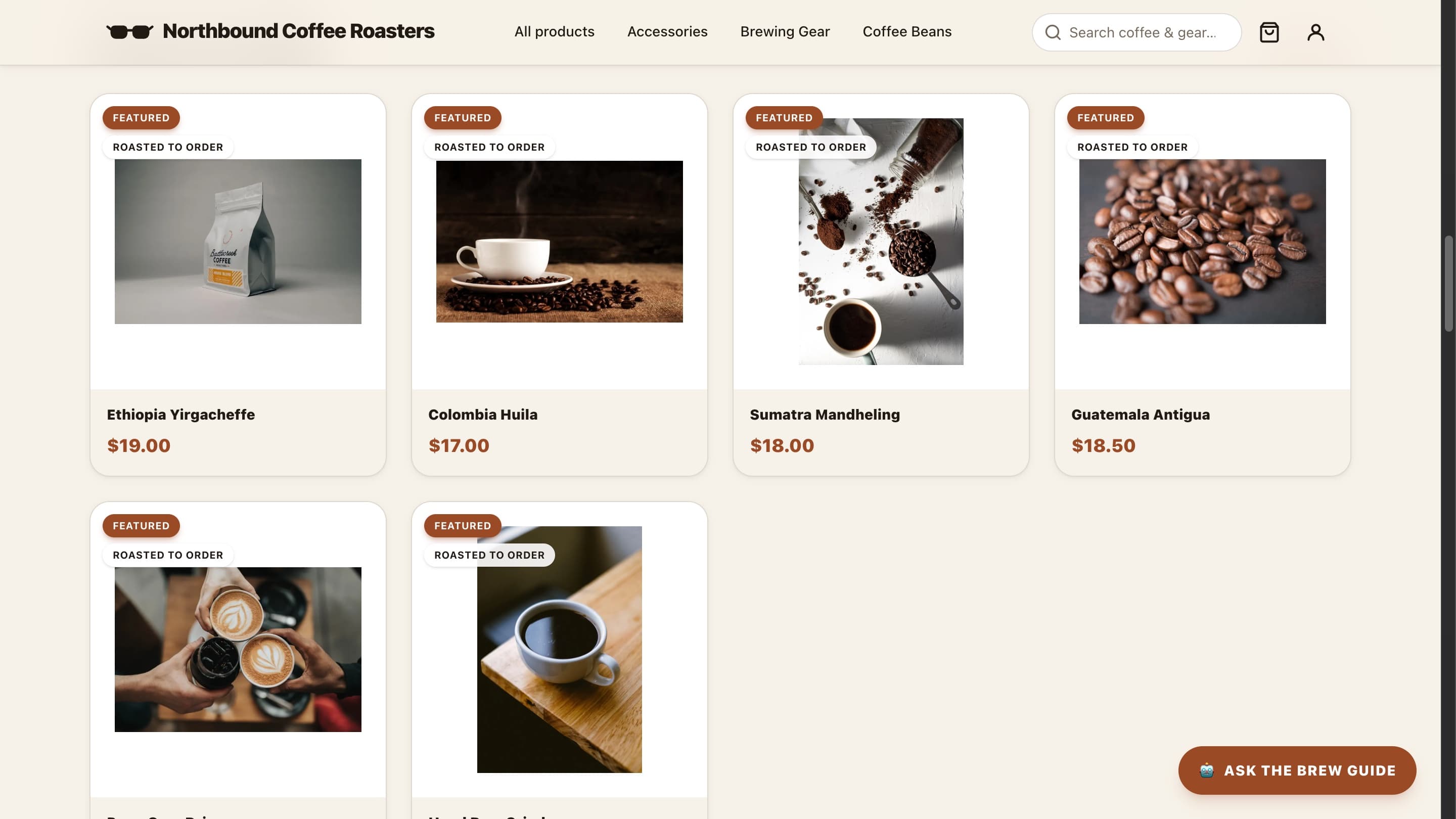 Northbound Coffee Roasters featured products grid in a browser frame