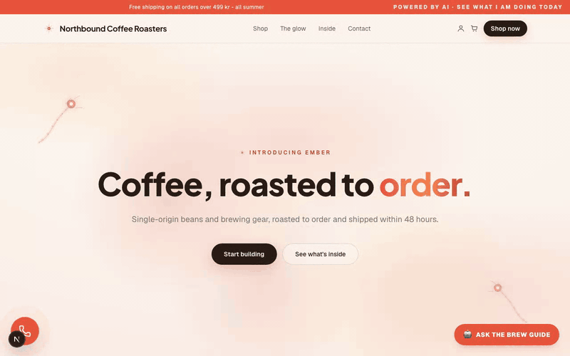 A Cartwright webshop scrolling by — warm Ember design pack, live products, real checkout